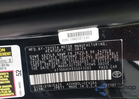 2025 Toyota Camry Xse/Xle/Le/Se из США, поврежденный, VIN 4T1DAACK6SU043282